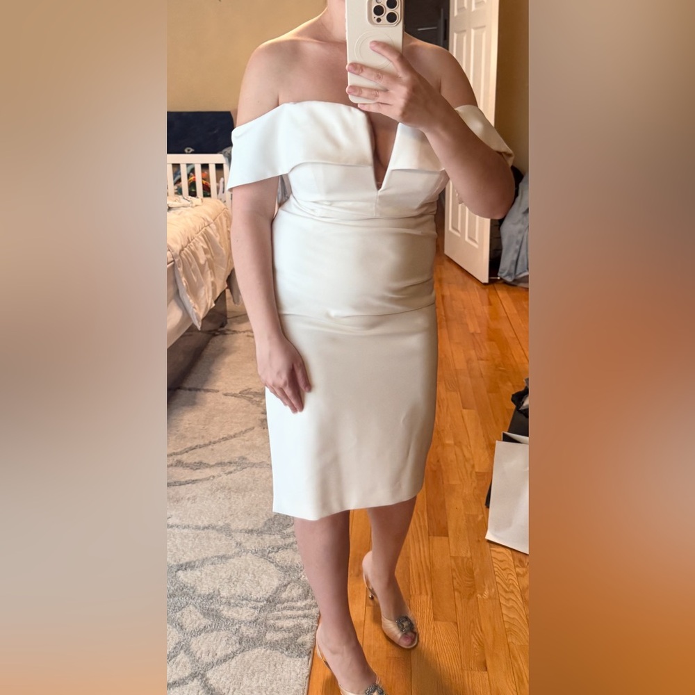 Bardot Cream Sheath Dress with Plunge Neckline and Flutter Sleeves